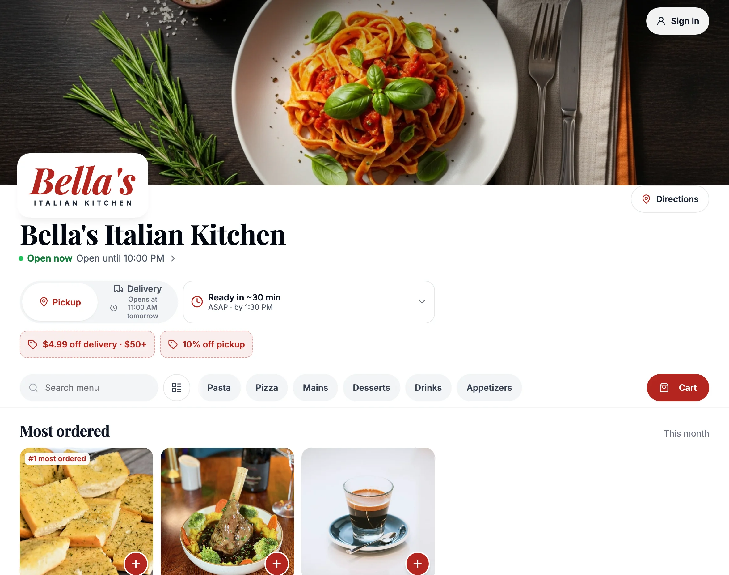 Bella’s Italian Kitchen ordering page showing its branded menu, pickup options, offers and popular dishes