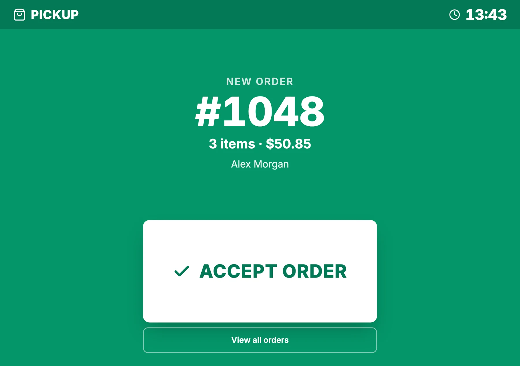 The Platovo kitchen screen taken over by pickup order 1048 with an Accept order button