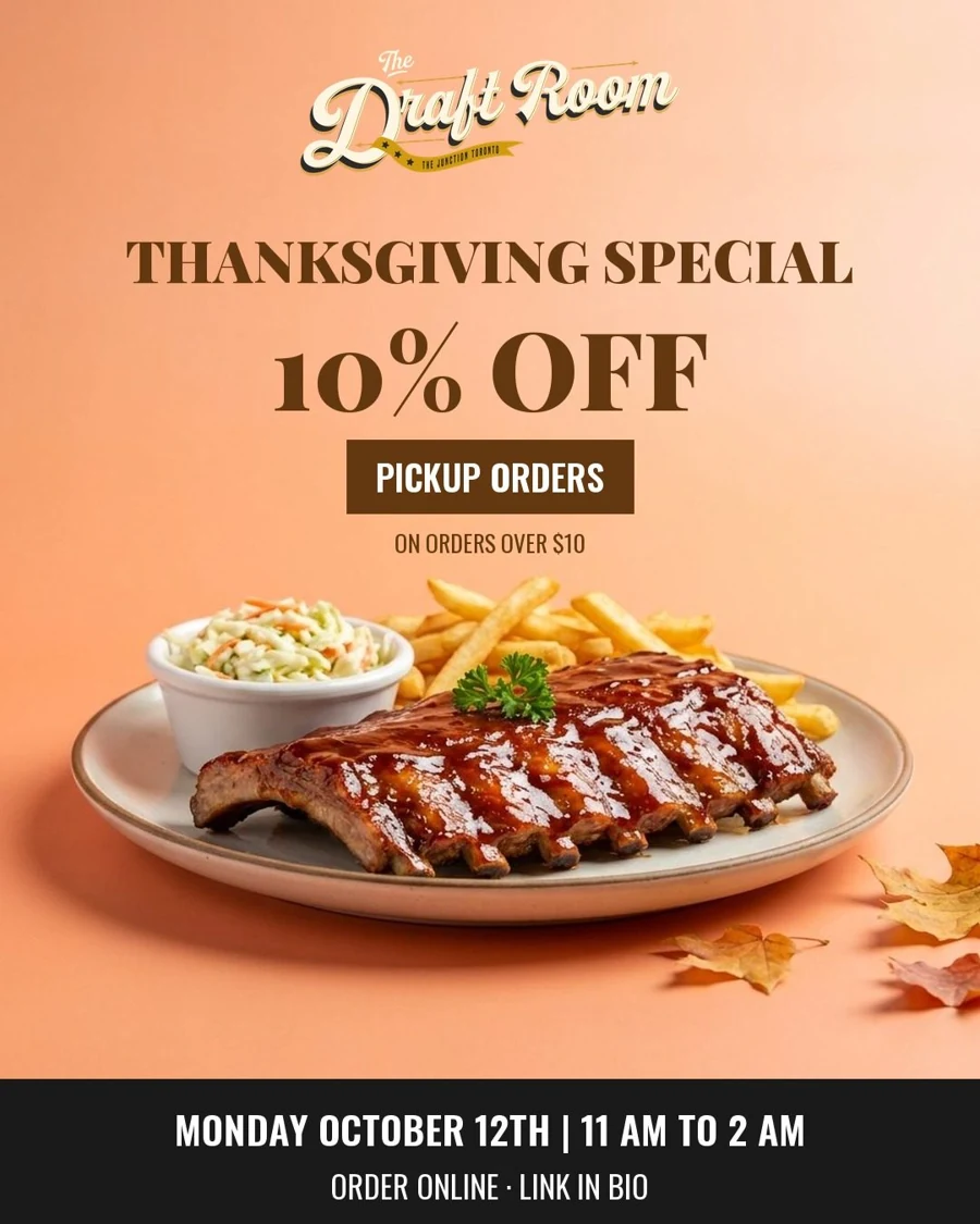 Finished Draft Room Thanksgiving feed post: 10% off pickup orders, featuring ribs